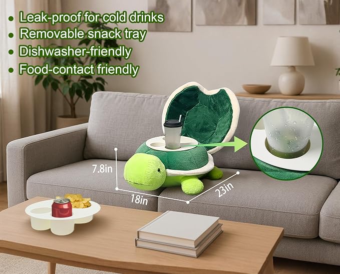 Couch Cup Holder Pillow Tray & Caddy,Headrest and Giant Turtle Stuffed Animal-For Sofa, Bed, Car，Camping, Double Smooth zippers for the shell, soft plush.Spill-Proof Machine Washable tray (23inches）