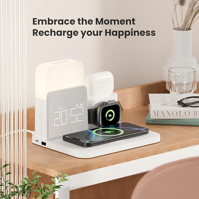 Alarm Clock Charging Station for Bedrooms, 7 in 1 Wireless Charging Station, Magnetic Charger with Night Light Bedside Clock for iPhone 17 16 15 14 13 12 Pro Max, Apple Watch, AirPods (White)