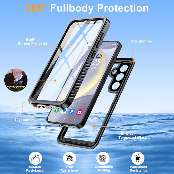 for Samsung Galaxy S25 Case, IP68 Waterproof with Built-in Screen&Lens Protector [14FT Military Shockproof] Full Body Heavy Duty Protective Phone Case for S25 5G, Black