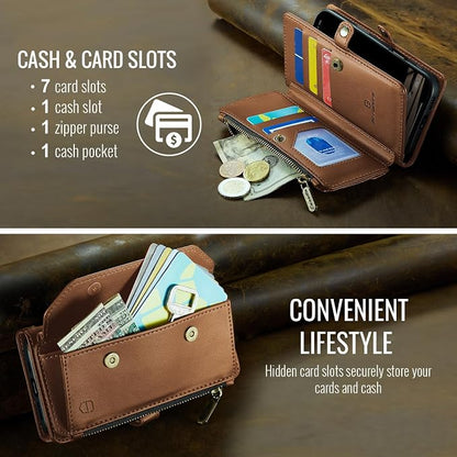 Strapurs Wallet Case Compatible with iPhone 16 6.1" RFID Blocking 7-Card Holder Soft PU Leather Magnetic Snap Shoulder Strap Zipper Pocket Phone Case Fit for iPhone 16 for Women - Brown