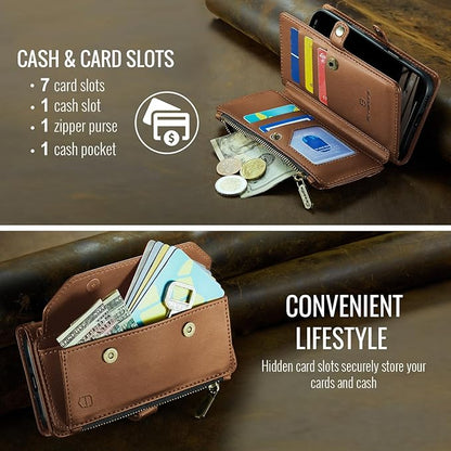 Strapurs Crossbody Wallet Case Compatible with iPhone 17e / iPhone 16e RFID Blocking 7-Card Holder PU Leather Magnetic Snap Shoulder Strap Zipper Pocket Phone Cases for iPhone 17e / 16e - Brown