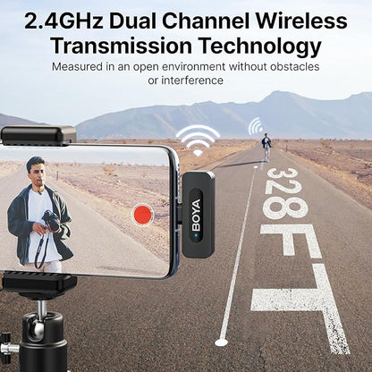 BOYA BY-V20 Wireless Microphones for iPhone 15/16 Series, Android/Laptop with USB-C Port, 328ft Range, 9H Battery Life, Noise Reduction Mini Mic Clip on Lapel Microphone Wireless for Video Recroding