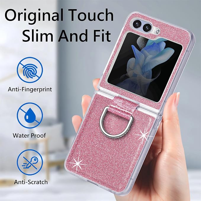 Bling Glitter Case for Samsung Galaxy Z Flip 6 with Ring Holder,Women Girls Cute Phone Case Non Slip Ultra Slim TPU Bumper Shockproof Protective Case for Galaxy Z Flip 6 5G 2024,Pink