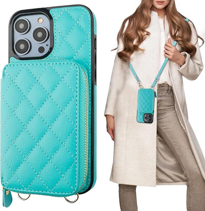 Bocasal Crossbody Wallet Case for iPhone 14 Pro Max, RFID Blocking PU Leather Zipper Handbag Purse Flip Cover, Kickstand Folio Case with Card Slots Holder Wrist Strap Lanyard 5G 6.7 Inch (Mint Green)