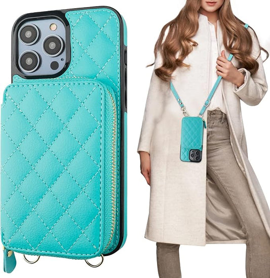 Bocasal Crossbody Wallet Case for iPhone 14 Pro Max, RFID Blocking PU Leather Zipper Handbag Purse Flip Cover, Kickstand Folio Case with Card Slots Holder Wrist Strap Lanyard 5G 6.7 Inch (Mint Green)