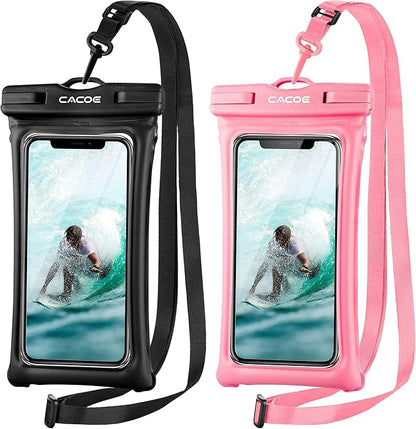 CACOE [Floatable] Floating Universal Waterproof Phone case 2 Pack-Up to 7.0",Phone Pouch with Adjustable Neck Lanyard,IPX8 Cellphone Dry Bags for Vacation Water Activities（Black+Pink）