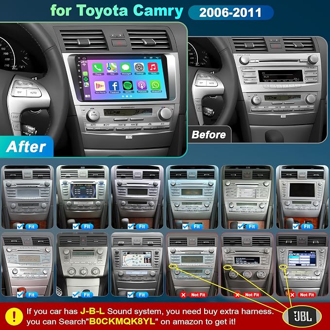 4G+64G Car Radio Stereo for Toyota Camry 2006-2011, Wireless Carplay&Android Auto with Android 13 Support Bluetooth/Voice Control/GPS/WiFi/Back-up Camera/SWC/FM, 9 Inch IPS Touch Screen