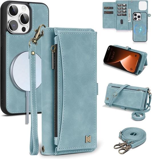 Wallet Case for iPhone 15 Pro with Card Holder/Crossbody Wallet/Strap| RFID Blocking | Magnetic | Kickstand | Detachable | PU Leather Phone Case for iPhone 15 Pro,6.1 in,Blue