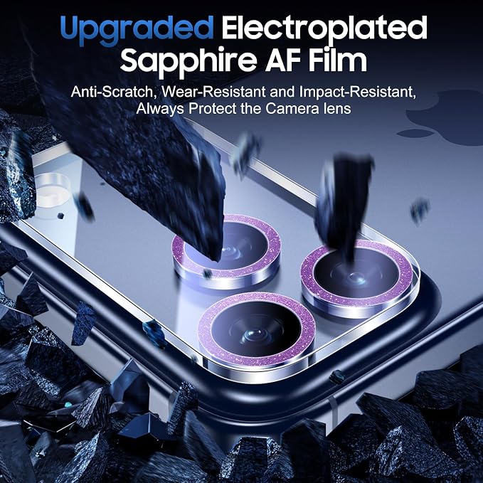 UniqueMe Compatible for 3 Pack iPhone 17 Pro Camera Lens Protector - [Drop Protection] [Case Friendly] 9H Tempered Glass Camera Cover Screen [Update New Version] - Glitter Dark Purple