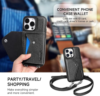 LUCKYCOIN for iPhone 14 Pro Crossbody Wallet Case – Genuine Leather Phone Purse with Adjustable Strap and Card Holder,Lanyard Phone Purse Case for Women,Pebble Grain Black