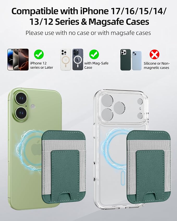 Upgraded for Magsafe Wallet, Strongest Magnetic Wallet, for iPhone Walle t Magsafe with 2 Card Slots, Magnetic Card Holder for iPhone 17/16/15/14/13/12 Series, Slim, Vegan Leather, Fit 7 Cards, Green