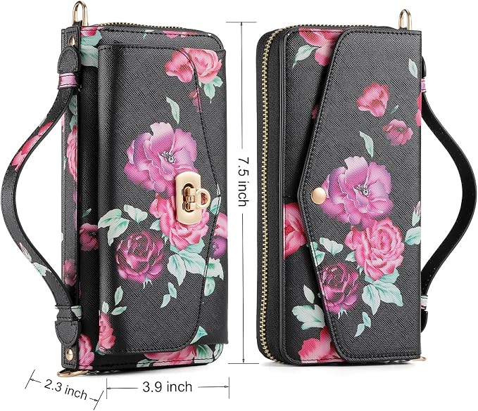 Crossbody Wallet Case for iPhone 16 Pro Max, Magnetic Detachable Floral PU Leather Phone Case with RFID Blocking Card Holder Wristlet Mirror Flip Zipper Shoulder Purse for Women - Black F