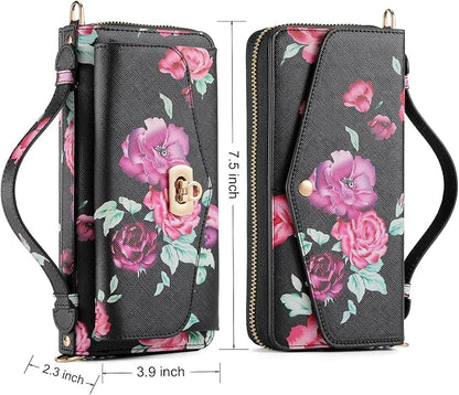 Crossbody Wallet Case for iPhone 16 Pro Max, Magnetic Detachable Floral PU Leather Phone Case with RFID Blocking Card Holder Wristlet Mirror Flip Zipper Shoulder Purse for Women - Black F