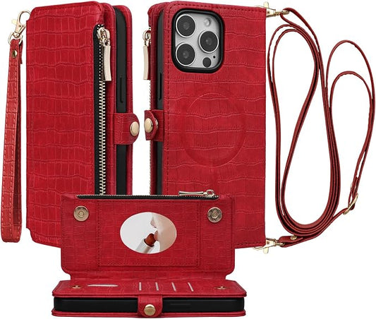 Crossbody Wallet Case for iPhone 15 Pro with Mirror, Wrist Strap, Zipper Purse Magnetic Flip RFID Blocking Card Holder, Wireless Charging, PU Leather Shockproof 6.1" Women (Red)