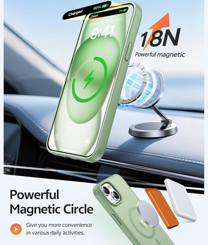 FNTCASE for iPhone 15 Case: for iPhone 14 Case & iPhone 13 Case [Compatible with Magsafe] Translucent Matte Cases with [Screen Protector] Military Grade Shockproof Protective Phone Cover - Light Moss