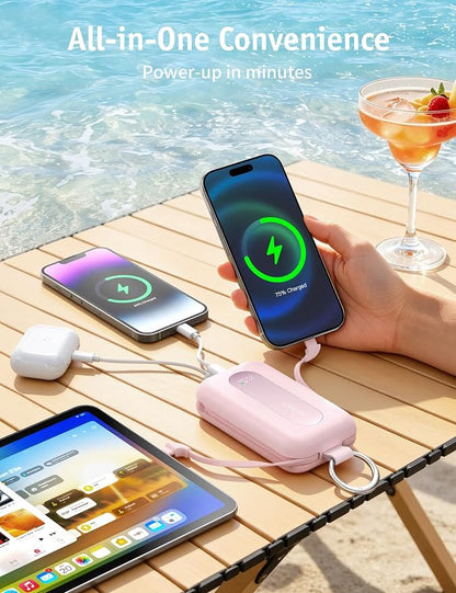 RORRY CharmGo Portable Charger 20000mAh 30W Power Bank 4 in 1 Battery Pack | Built-in Cables,Fast Charging,Keychain,Travel Essentials,Portable,for iPhone 17/16/15/14/13,for iPad Air/Pro,for AirPods