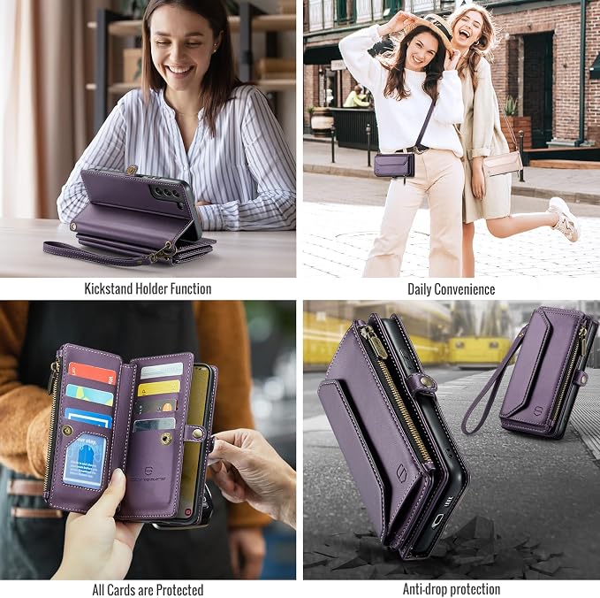 Strapurs Crossbody Wallet Case Compatible with Samsung Galaxy S22 Plus RFID Blocking Card Holder Soft PU Leather Magnetic Snap Strap Zipper Pocket Phone Case Fit for Galaxy S22+/ S22 Plus - Purple