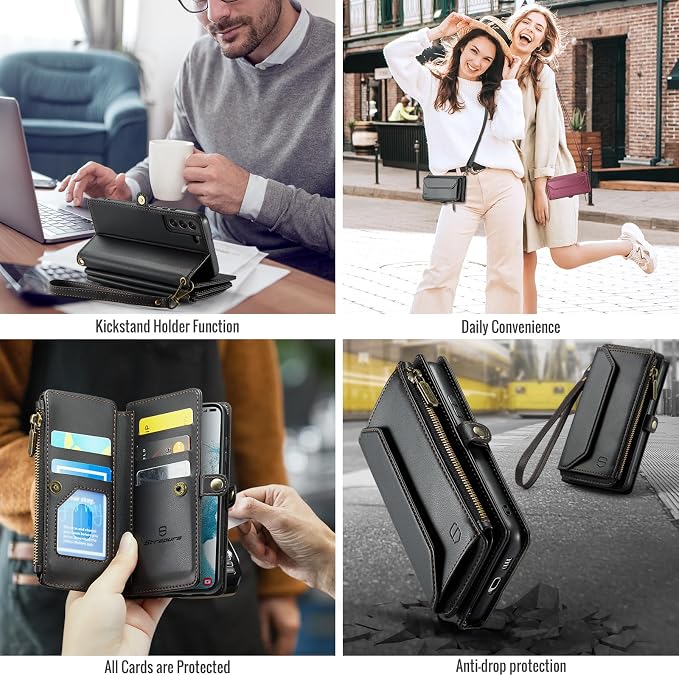 Strapurs Crossbody Wallet Case Compatible with Samsung Galaxy S22 5G RFID Blocking Card Holder Soft PU Leather Magnetic Snap Shoulder Strap Zipper Pocket Phone Case Fit for Galaxy S22 6.1" - Black