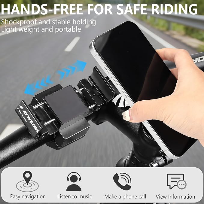 Bike Phone Holder, Motorcycle Phone Mount, Aluminum Alloy Bicycle Handlebar Cell Phone Stand, 360°Rotate Ebike Scooter Phone Clamp Clip, Suitable for 4.5-7.0" Smartphones (Black)
