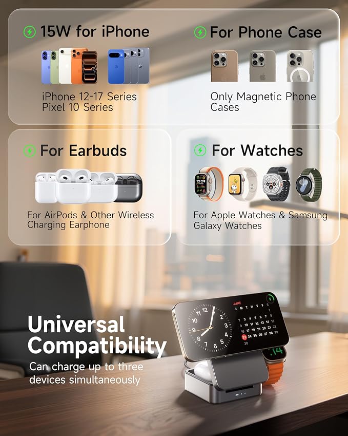 ZEEHOO 3-in-1 Foldable Magnetic Wireless Charging Station, Qi2 Certified 15W Travel Charger Stand Dock for iPhone 17/16/15/14/13/12 Series, Apple Watch, AirPods (30W Adapter Included)