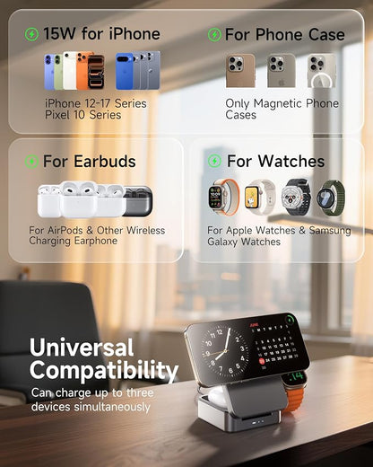 ZEEHOO 3-in-1 Foldable Magnetic Wireless Charging Station, Qi2 Certified 15W Travel Charger Stand Dock for iPhone 17/16/15/14/13/12 Series, Apple Watch, AirPods (30W Adapter Included)