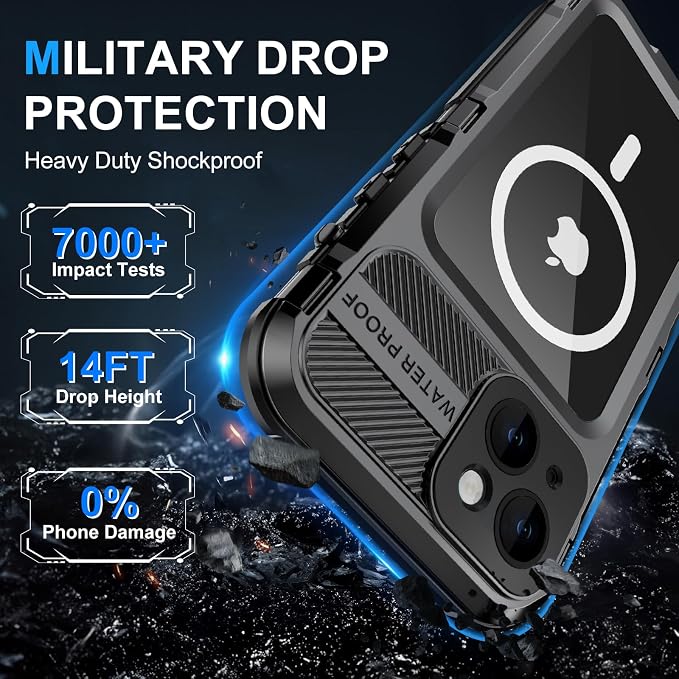 WIFORT for iPhone 15 Waterproof Case - Metal Full Body Protection Case Built-in [Screen Protector][IP68 Water Proof][14FT Military Grade Dropproof][Compatible with MagSafe] Phone Cover, 6.1" Black