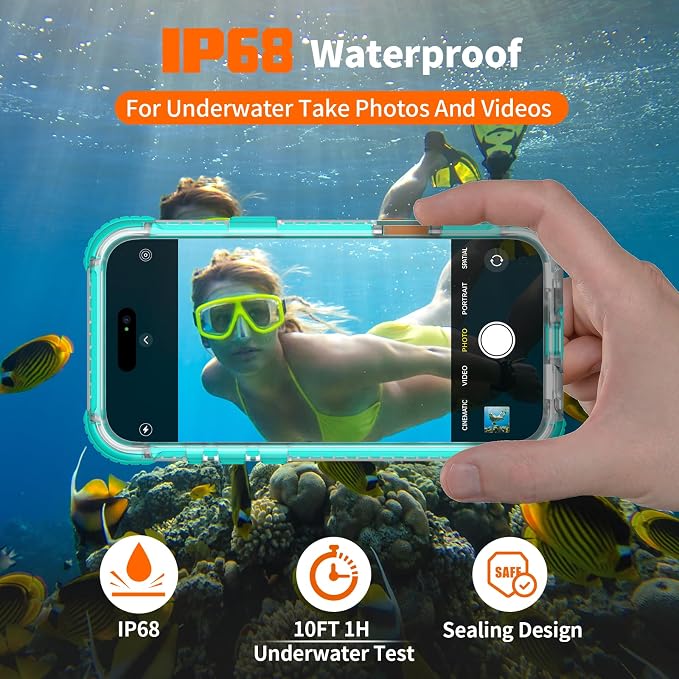 for iPhone 16 Pro Waterproof Case Compatible with MagSafe, IP68 Underwater Case Built-in Screen Protector, Slim Translucent 360° Full Body Protection, 12FT Military Grade, 6.3 Inch (Cyan)