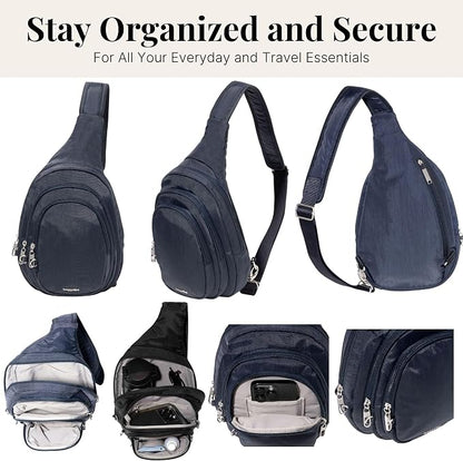 Baggallini Securtex® Anti-Theft Multi Zip Sling - Lightweight 8.6"x15.2" Travel Bag with Locking Zippers & RFID Protection
