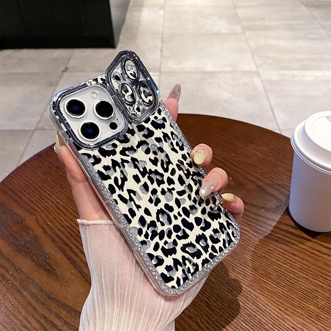 for iPhone 16 pro max Case Glitter Camera Lens Protector Phone Case for Women Girls Aesthetic Design TPU Shockproof Protective Case (Leopard)
