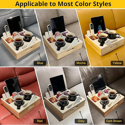 KindGa Couch Cup Holder, Waterproof Anti-Spill Couch Drink Holder for Snacks Beverage Remote, Food Grade Silicone Wooden Couch Caddy for Bed Car Seat Beach Tray (Beige)
