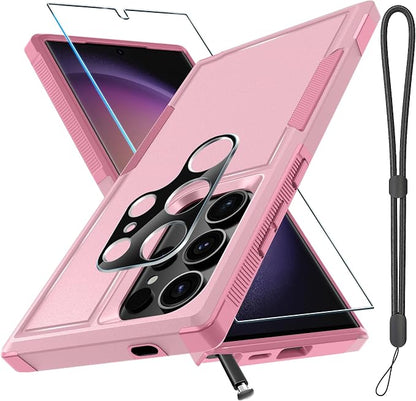 RMOCR Case for Samsung Galaxy S25 Ultra, Full Body Heavy Duty Rugged Shockproof Protective Phone Cover with Lanyard Strap, Tempered Glass Screen Protector and Camera Lens Cover, Cute Pink