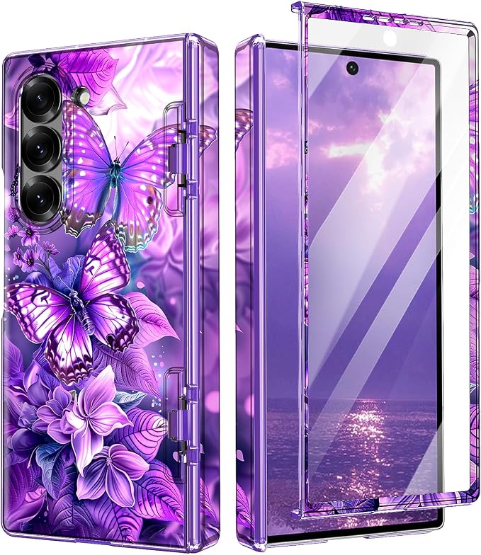 Btscase for Samsung Galaxy Z Fold 6 Case,Built in Front Screen Protector,Gold Glitter Marble Pattern Hard PC Slim Shockproof Full Body Drop Protective Case for Galaxy Z Fold 6 5G, Purple Butterfly
