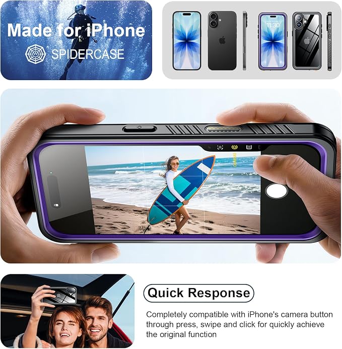 SPIDERCASE for iPhone 17 Case Waterproof, Built-in Lens & Screen Protector, Full Heavy Duty Protection, 12FT Military Shockproof, Dustproof, Anti-Scratched Phone Case,Purple/Clear