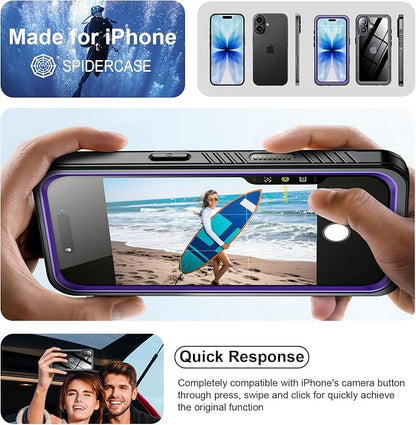 SPIDERCASE for iPhone 17 Case Waterproof, Built-in Lens & Screen Protector, Full Heavy Duty Protection, 12FT Military Shockproof, Dustproof, Anti-Scratched Phone Case,Purple/Clear