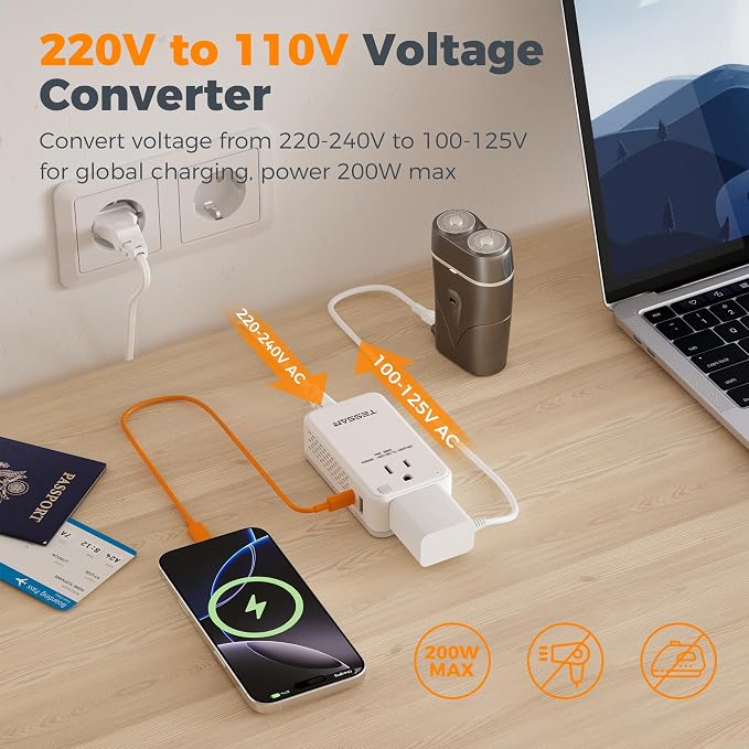 TESSAN Compact 220V to 110V Voltage Converter US to Europe | Universal Travel Adapter, 2 AC Outlets and 2 USB (1 USB-C), 200W Small Power Converter, EU/UK/AU/IT/India Plugs, For Travel