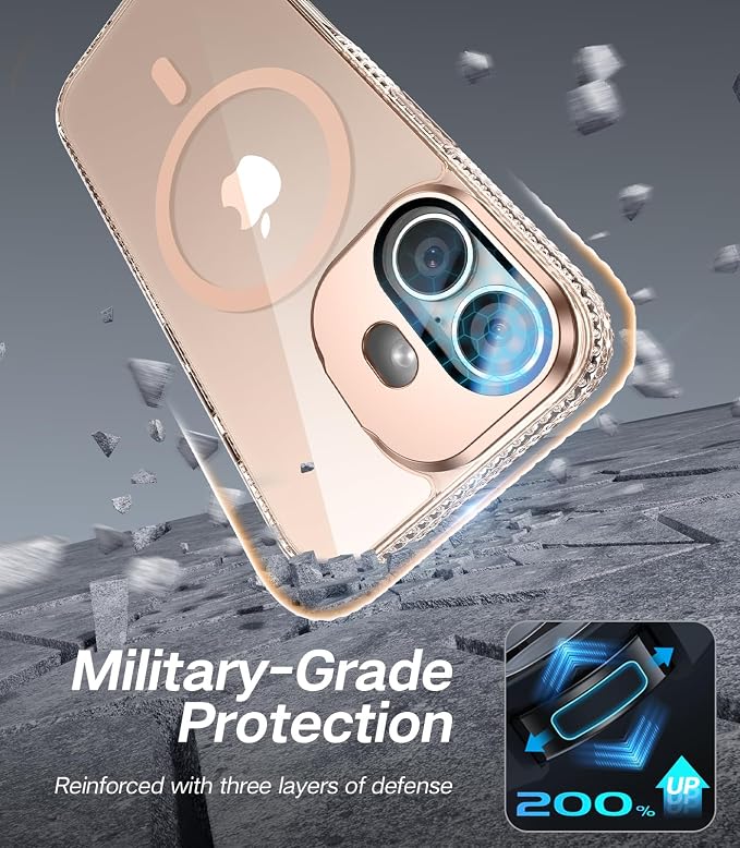 [Upgraded] for iPhone 16 Case with Camera Cover Stand [Fit for MagSafe][9H Camera Lens Protector] Mil-Grade Protection Transparent Magnetic iPhone 16 Phone Case, Clear Gold