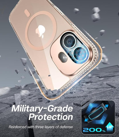 [Upgraded] for iPhone 16 Case with Camera Cover Stand [Fit for MagSafe][9H Camera Lens Protector] Mil-Grade Protection Transparent Magnetic iPhone 16 Phone Case, Clear Gold