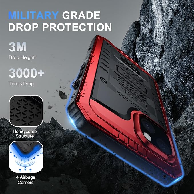 Beasyjoy for iPhone 15 Case Waterproof, Metal Heavy Duty Full Body Protective Case with Built-in Screen Protector, Military Grade Shockproof Dustproof Defender Rugged Cover for iPhone 15 6.1", Red
