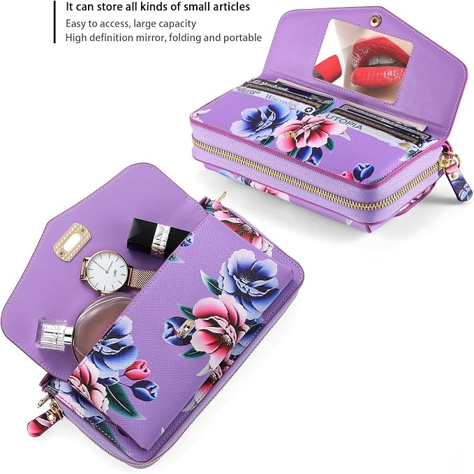 LITOU Compatible for Samsung Galaxy S26 Crossbody Phone Case,Detachable Magnetic,Card Holder,Zipper Leather Wallet Wrist Lanyard Strap Case for Women Men.PurpleFlower