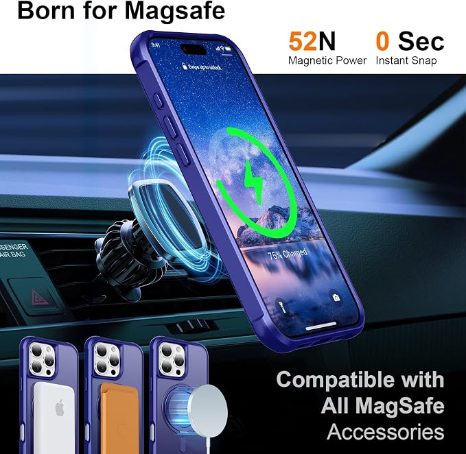 360° Magnetic Swivel Ring for iPhone 16 pro max case, Built-in Metal Stand and Ring Holder, Magsafe Compatible, Military Grade Protection, Shock Resistant - Blue