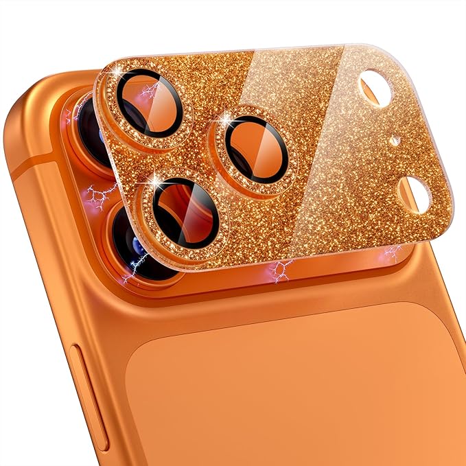 Choiche Compatible for iPhone 17 Pro Camera Lens Protector, Bling Camera Cover with 9H Tempered Glass Lens Screen Protector Metal Ring Decoration Accessories 6.3-inch (Glitter-Orange)