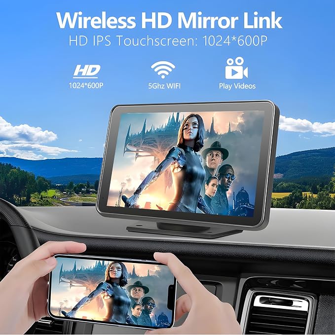 Portable Carplay Screen for Car, 7" Wireless Carplay & Android Auto with Bluetooth, HD Backup Camera, GPS Navigation, Siri, FM, AUX, Mirror Link for All Vehicles