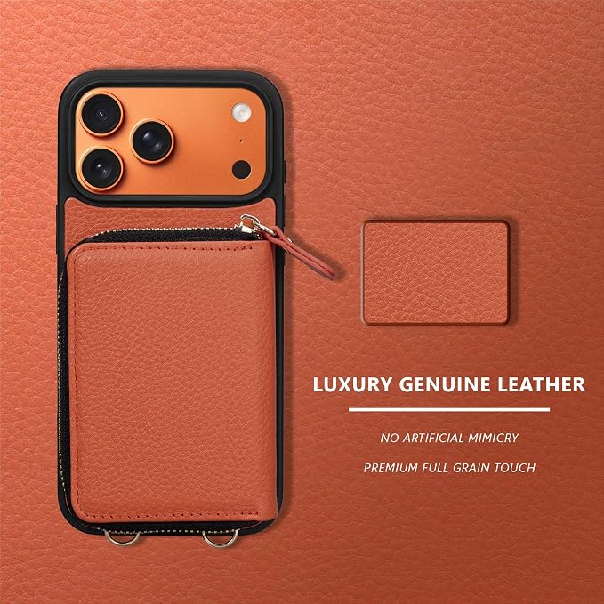 Keallce Wallet Case for iPhone 17 Pro Max 6.9 Inch, Genuine Leather Zipper Purse with Crossbody Strap, 4 Card Slots & RFID Blocking, Kickstand Flip Cover Shockproof for Women, Orange