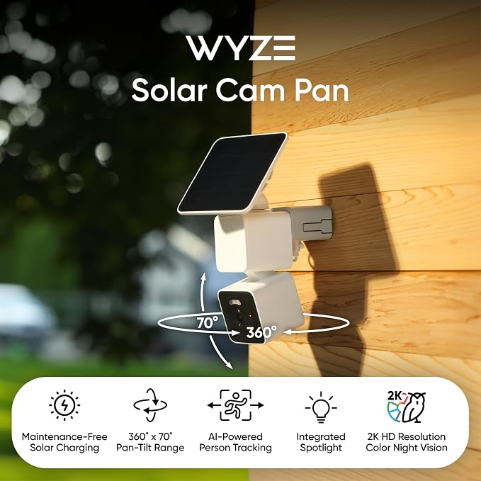 WYZE Solar Cam Pan 4 Pack(Flagship Model), Security Cameras Wireless Outdoor, 2K 360° Pan-Tilt Battery Powered 2.4GHz Wi-Fi Cameras for Home Security, AI Motion Detection, Color Night Vision