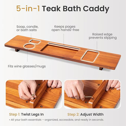 Teak Bathtub Tray for Freestanding Bath - 39" Large, Thick & Adjustable Spa Caddy | Anti-Tip Design with Accessories Holder | Water-Resistant