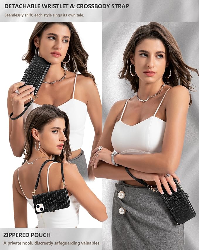 Crossbody Wallet Case for iPhone 13 with Mirror, Wrist Strap, Zipper Purse Magnetic Flip RFID Blocking Card Holder, Wireless Charging, PU Leather Shockproof 6.1" Women (Black)