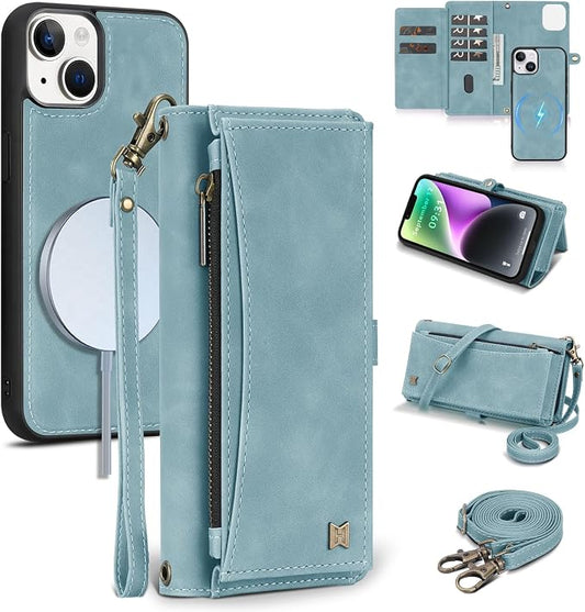 Wallet Case for iPhone 14 with Card Holder/Crossbody Wallet/Strap| RFID Blocking | Magnetic | Kickstand | Detachable | PU Leather Phone Case for iPhone 14,6.1 in,Blue