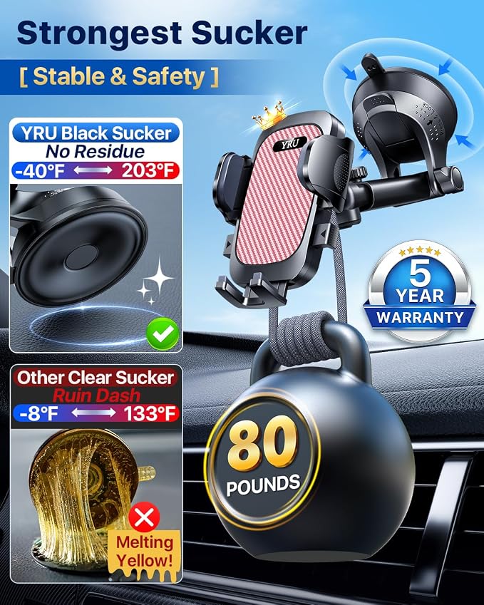 YRU [True Upgrade for Safety Car Phone Holder Mount [Patent & Military-Grade] Dashboard Cell Phone Holder for Car Vent Windshield Phone Stand for iPhone 17 16 15 14 13 Pro Max Truck Samsung, Pink