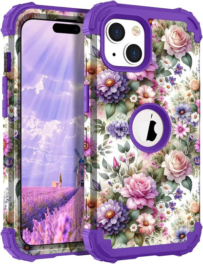 Hocase for iPhone 15 Case, Heavy Duty Shockproof Protection Soft Silicone Rubber Bumper+Hard Plastic Hybrid Protective Case for iPhone 15 (6.1" Display) 2023 - Purple Pink Flowers