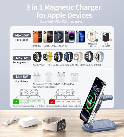 3 in 1 Magnetic Wireless Charging Station for Apple Devices, Fast Foldable Travel Mag-Safe Charger Stand with Night Light for iPhone 17 16 15 14 13 12 Series, Apple Watch/AirPods Pro, BU
